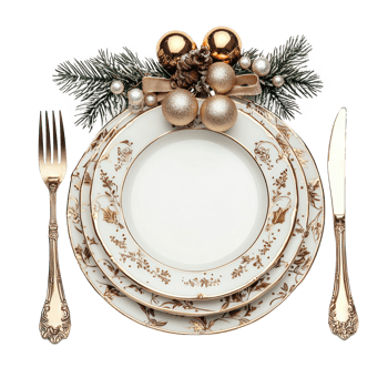Christmas elegant cutlery plate setting with decorations isolate on transparent background png