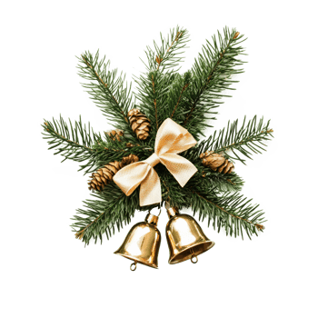 Christmas jingle bells with bow and fir tree branches isolate on transparent background png