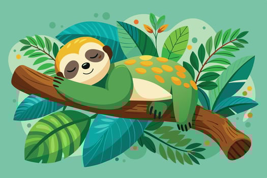 Cute sloth resting peacefully on a branch surrounded by vibrant green leaves in a colorful jungle setting vector