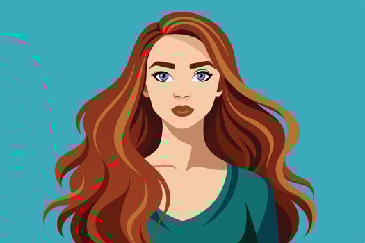 Stylized portrait of a woman with long, wavy red hair wearing a teal top against a light blue background vector