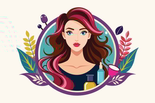 A woman with stylish hair and beauty products surrounded by colorful foliage in a circular design showcases beauty and self-care vector
