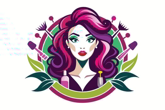 A colorful and stylish illustration of a woman with vibrant hair surrounded by beauty tools, representing the essence of beauty and glam vector