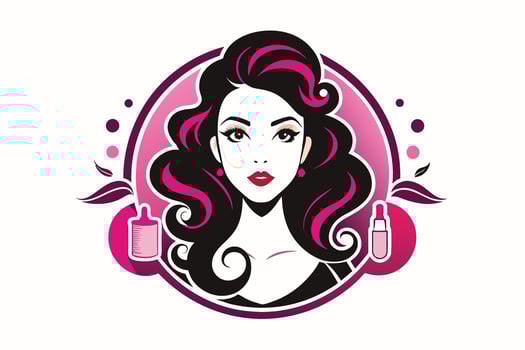 Stylized portrait of a woman with flowing hair, surrounded by beauty products, showcasing elegance and femininity vector