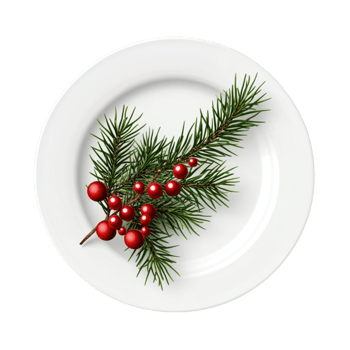 christmas plate with fir branch and red berries on white plate png