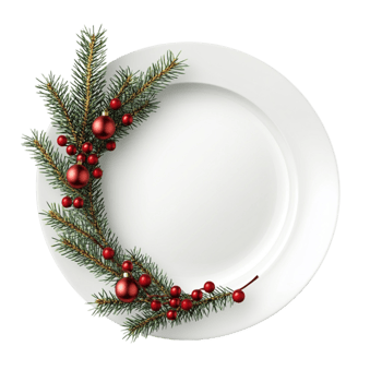 christmas plate with fir branch and red berries on a white plate png