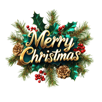 Merry Christmas Greeting 3D text decorate with mistletoe branches, pinecones, holly leaves, berries isolate on transparent background png