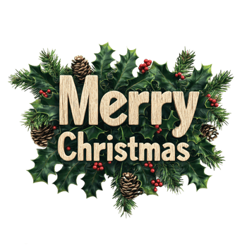 Merry Christmas Greeting 3D text decorate with mistletoe branches, pinecones, holly leaves, berries isolate on transparent background png