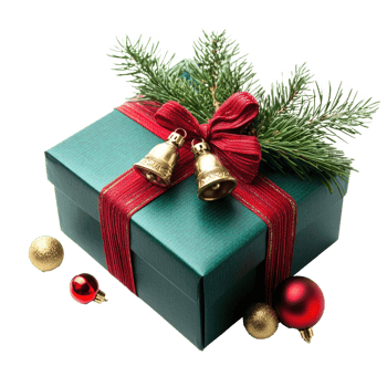 Christmas gift box with barble and jingle bell with fir branch isolate on transparent background png