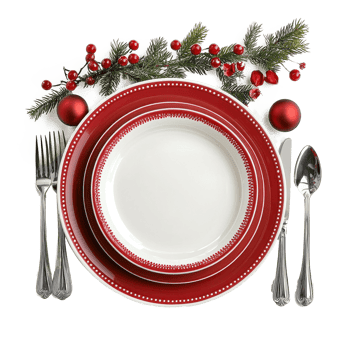 Christmas plate setting with white dishware, silverware and red decorations isolate on transparent background png