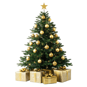 Christmas tree with gold ornament and artificial star hearts presents isolate on transparent background png