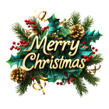 Merry Christmas Greeting 3D text decorate with mistletoe branches, pinecones, holly leaves, berries isolate on transparent background png