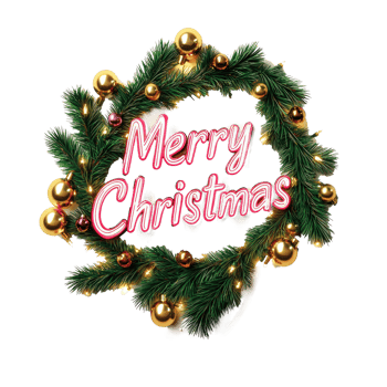 BOLD text Merry Christmas in Christmas style 3D rendering, shape of christmas fir branches decorated with garland and baubles isolate on transparent background png