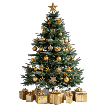 Christmas tree with gold ornament and artificial star hearts presents front view isolate on transparent background png