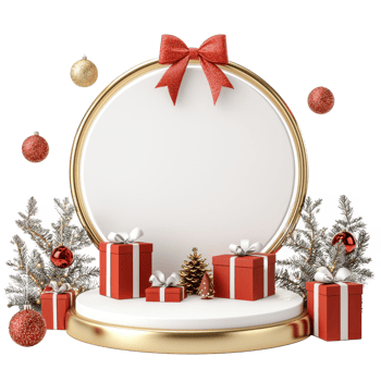 Empty Christmas podium with gold and red decorations and presents isolate on transparent background png