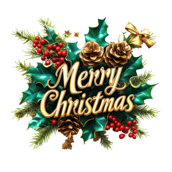Merry Christmas Greeting 3D text decorate with mistletoe branches, pinecones, holly leaves, berries isolate on transparent background png