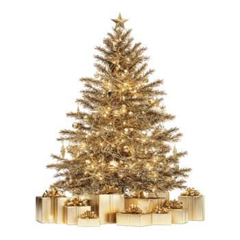 Gold Christmas tree with presents front view isolate on transparent background png