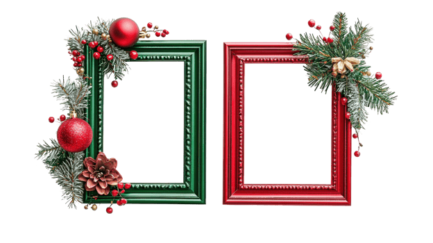 Christmas green and red photo frame with christmas decoration isolate on transparent background png