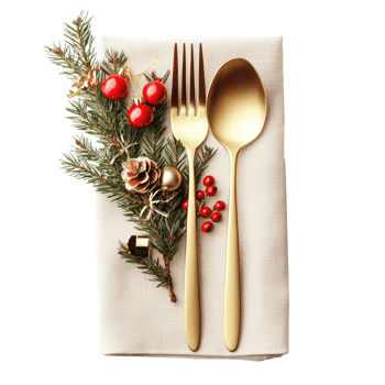 Elegant Christmas serving cutlery on a napkin top view isolate on transparent background png