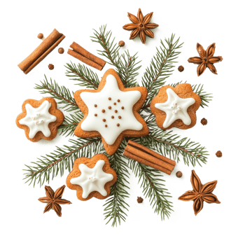 Christmas pine with frosted sugar cookies and cinnamon and fir branch top view isolate on transparent background png