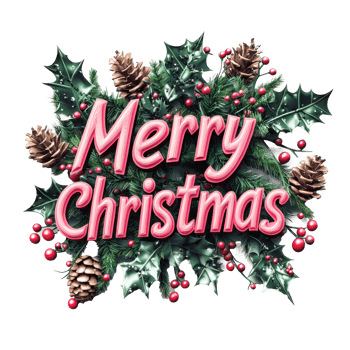 Merry Christmas Greeting 3D text decorate with mistletoe branches, pinecones, holly leaves, berries isolate on transparent background png