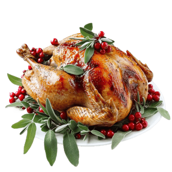 Christmas turkey garnished with red berries and sage leaves isolate on transparent background png