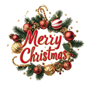 Merry Christmas lettering 3D red and gold with christmas decoration items isolate on transparent background png