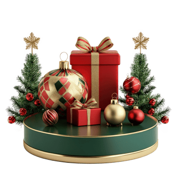 Green red and gold Christmas podium decoration items and presents isolate on transparent background png