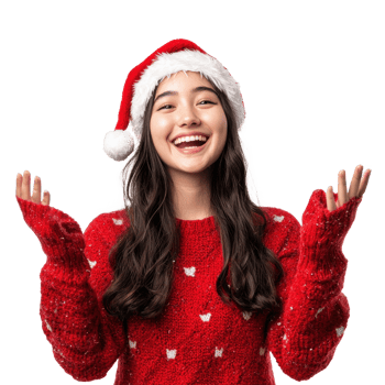 Happy young woman celebrate Christmas front view isolate on transparent background png