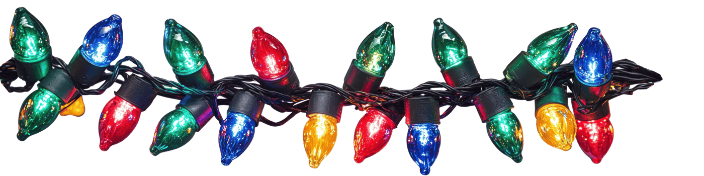 A string of colorful Christmas lights hanging isolate on transparent background png