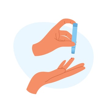 Hand pricking finger for blood test using a lancet. Diabetes monitoring or health care vector