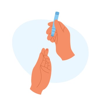 Hand performing a fingerstick test for blood glucose. Medical diagnostics and health awareness vector