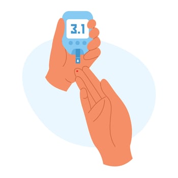 Pricking finger for blood glucose test with glucometer. Diabetes monitoring or health care concept vector