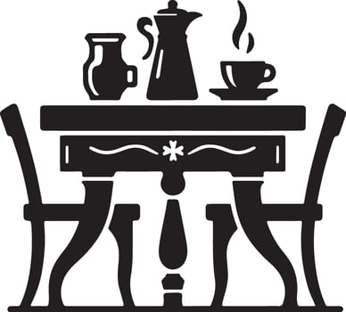 a black and white illustration of a table and chairs vector