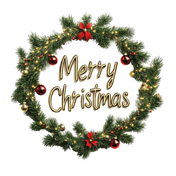 BOLD text Merry Christmas in Christmas style 3D rendering, shape of christmas fir branches decorated with garland and baubles isolate on transparent background png