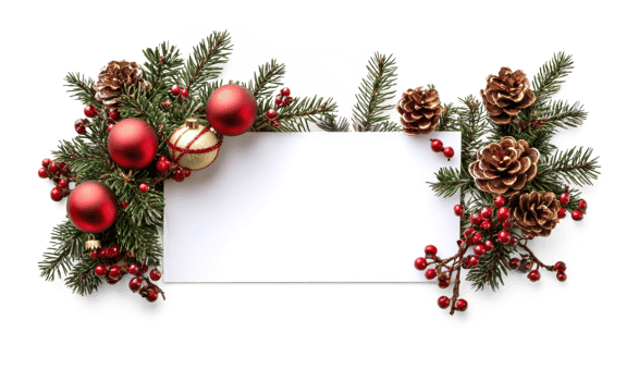Christmas Decorations with Blank white paper card isolate on transparent background png