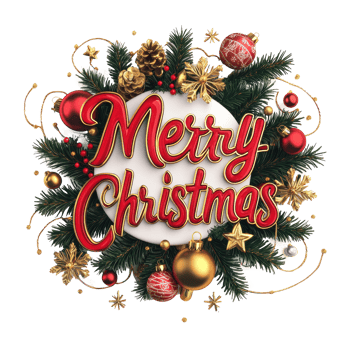 Merry Christmas lettering 3D red and gold with christmas decoration items isolate on transparent background png