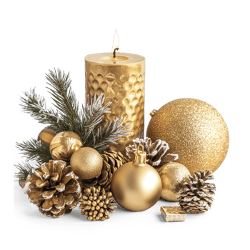 Gold Christmas candle with decoration items isolate on transparent background png