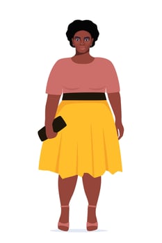 Body positive black woman. Plus size female character. Attractive curvy, overweight girl. Oversize obesity, pretty large lady in beautiful fashionable clothes. illustration. vector