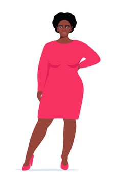 Body positive black woman. Plus size female character. Attractive curvy, overweight girl. Oversize obesity, pretty large lady in beautiful fashionable clothes. illustration. vector