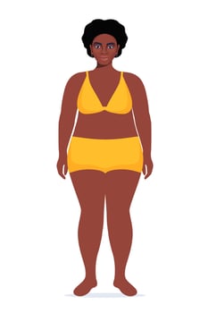Body positive black woman. Plus size female character. Attractive curvy, overweight girl. Oversize obesity, pretty large lady in beautiful fashionable clothes. illustration. vector