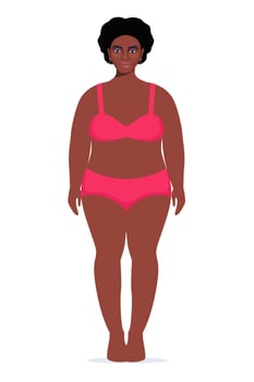 Black woman in underwear. Plus size female. Attractive curvy, overweight girl. Oversize obesity, pretty large lady in beautiful fashionable clothes. illustration. vector