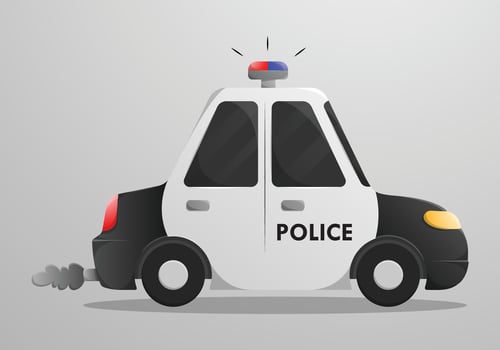 Side view flat black cartoon police car. City patrol transport car illustration. vector