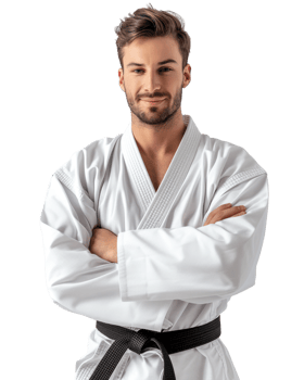 man in karate uniform with arms crossed isolated on transparent background png