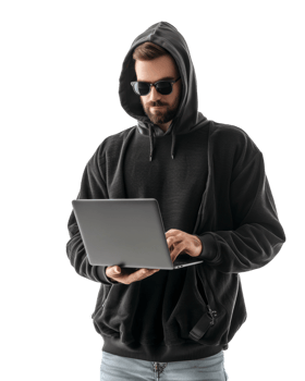 Man in hoodie using laptop computer isolated on transparent background png