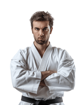 Serious Karate Fighter in White Uniform with Black Belt isolated on transparent background png