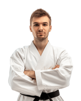 Confident Karate Athlete in White Gi with Black Belt isolated on transparent background png