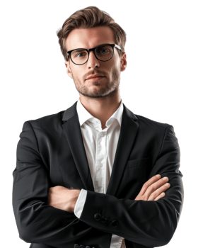 Young male businessman in black suit arms crossed isolated on transparent background png