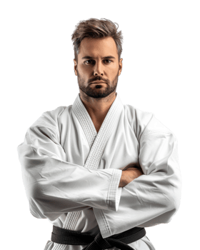Portrait of a serious karate Athlete with a black belt isolated on transparent background png