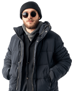 Young man in black winter jacket with beanie isolated on transparent background png