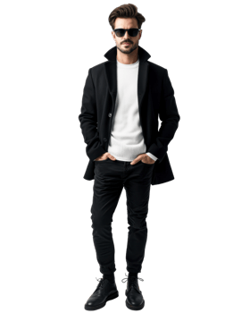 Stylish Man in Black Coat and White Sweater isolated on transparent background png